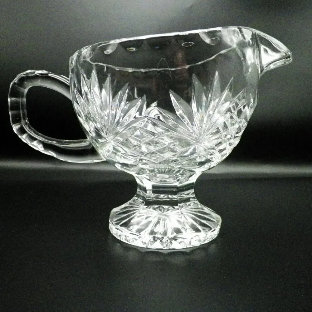 Footed Gravy Boat Crystal Fan and Criss-Cross Pattern Vintage Glassware